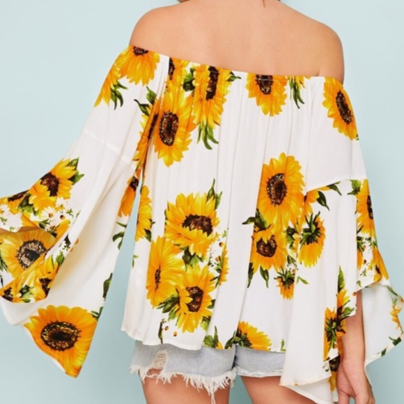 WHITE SUNFLOWER PRINT BOHO BARDOT SWING TOP - Picture 3 of 11
